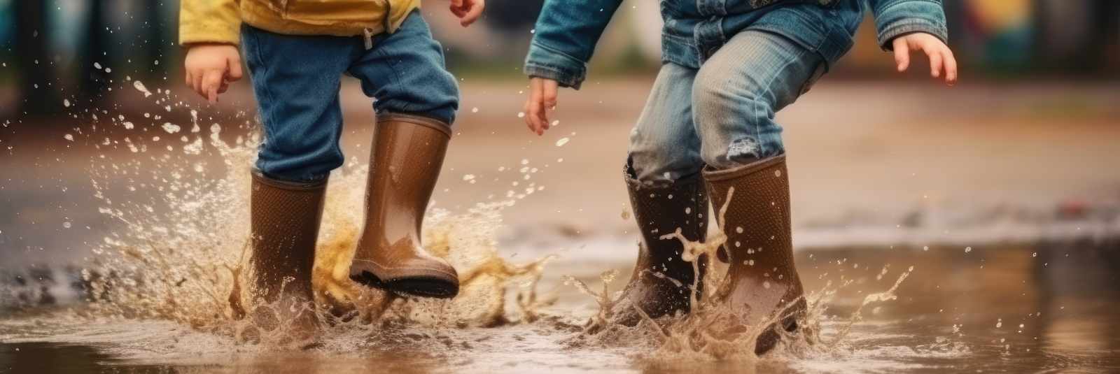 two kids jumping in puddle