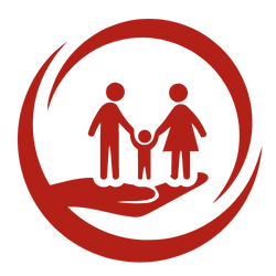 a hand holding a family of three red icon